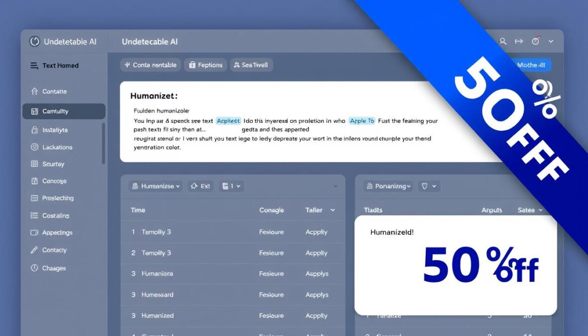 Undetectable AI dashboard showing humanization of AI-generated text with promo code banner
