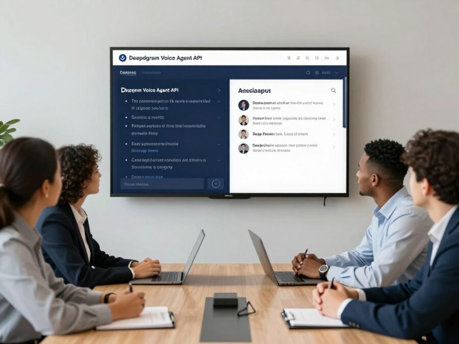 Business meeting with Deepgram Voice Agent API powering a meeting assistant that transcribes and summarizes in real-time