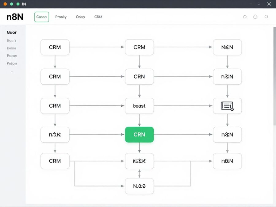 Business process automation workflow in n8n connecting CRM, data pipeline, and notification systems