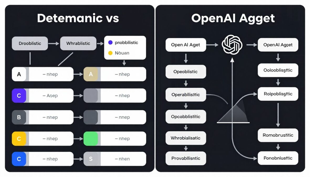 Comparison of deterministic n8n workflow vs probabilistic OpenAI Agent reasoning