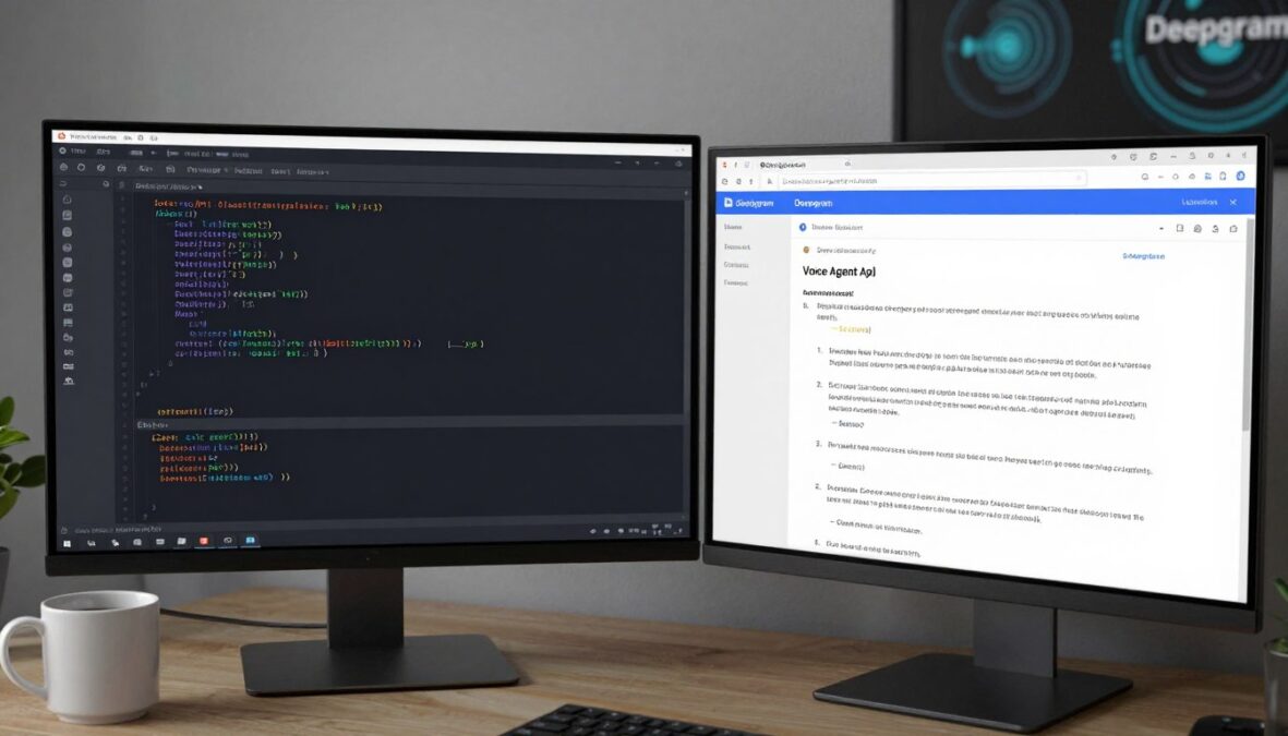 Developer implementing Deepgram Voice Agent API with code and documentation