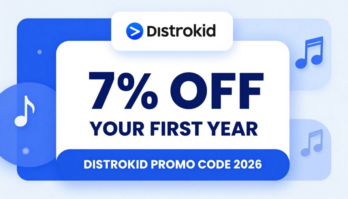 Distrokid Promo Code 2026 banner showing 7% discount for new customers