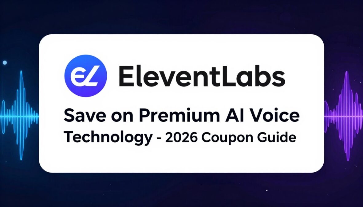 ElevenLabs audio AI coupon 2026 promotional banner showing voice synthesis technology