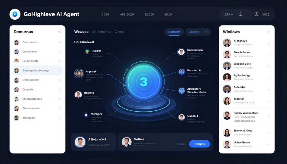 GoHighLevel AI Agent Review 2026 dashboard showing futuristic interface with multiple automation workflows