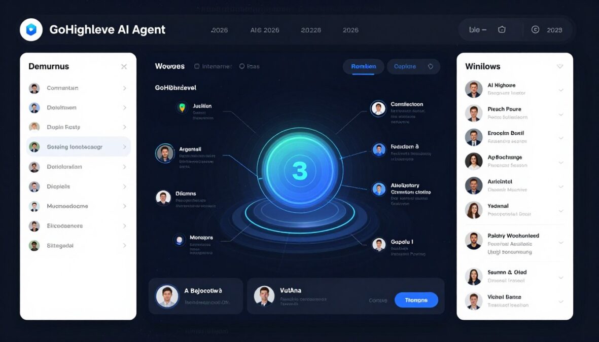 GoHighLevel AI Agent Review 2026 dashboard showing futuristic interface with multiple automation workflows