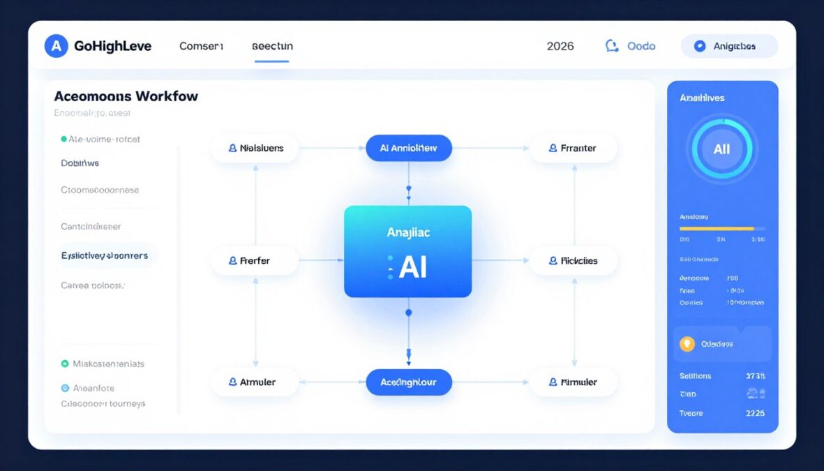 GoHighLevel AI Agent Review 2026 showing autonomous workflow execution with AI analyzing and optimizing customer journeys