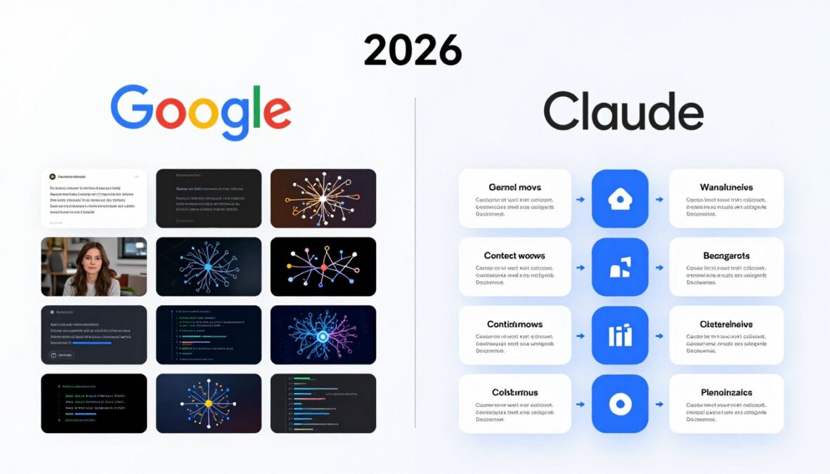 Google Gemini vs Claude AI 2026 architecture comparison showing multimodal capabilities and processing power