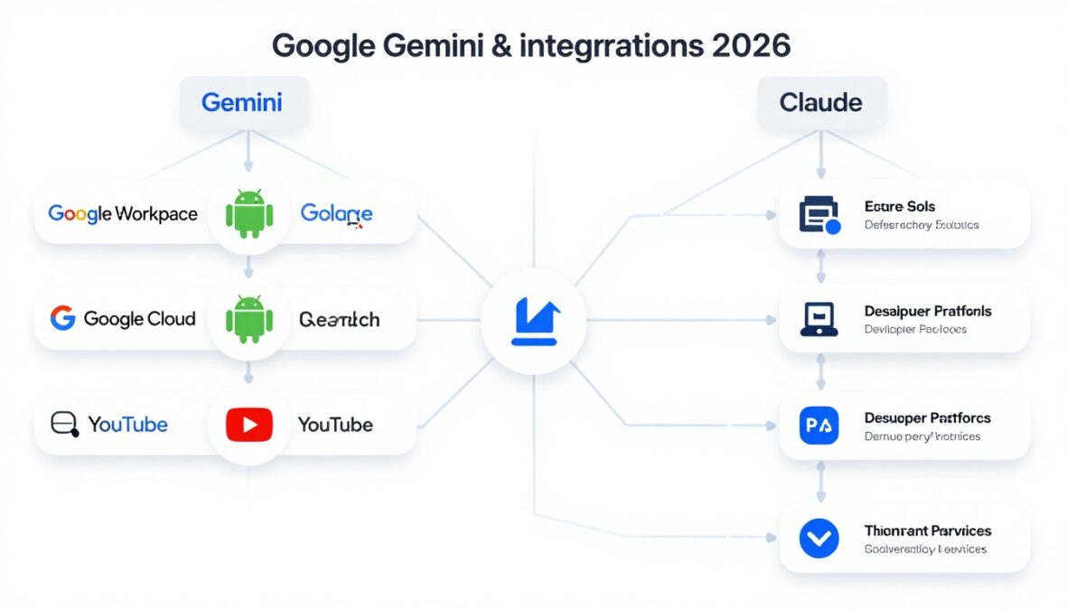 Google Gemini vs Claude AI 2026 ecosystem integration showing connections to various platforms and services