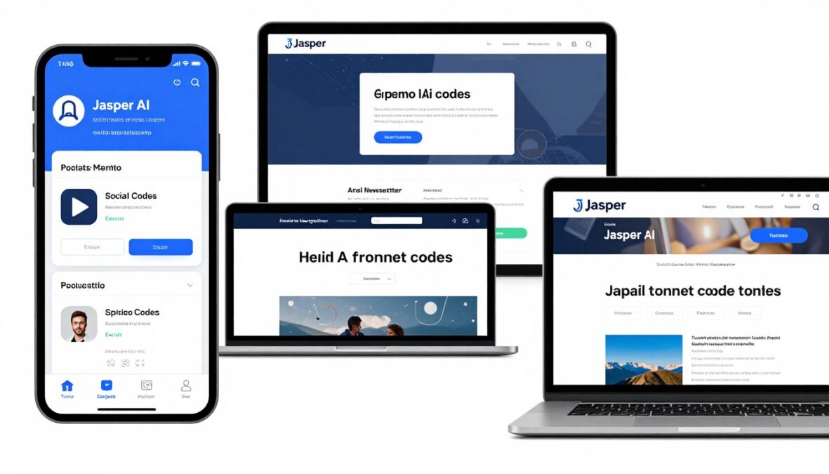 Multiple devices showing different ways to find Jasper AI promo codes