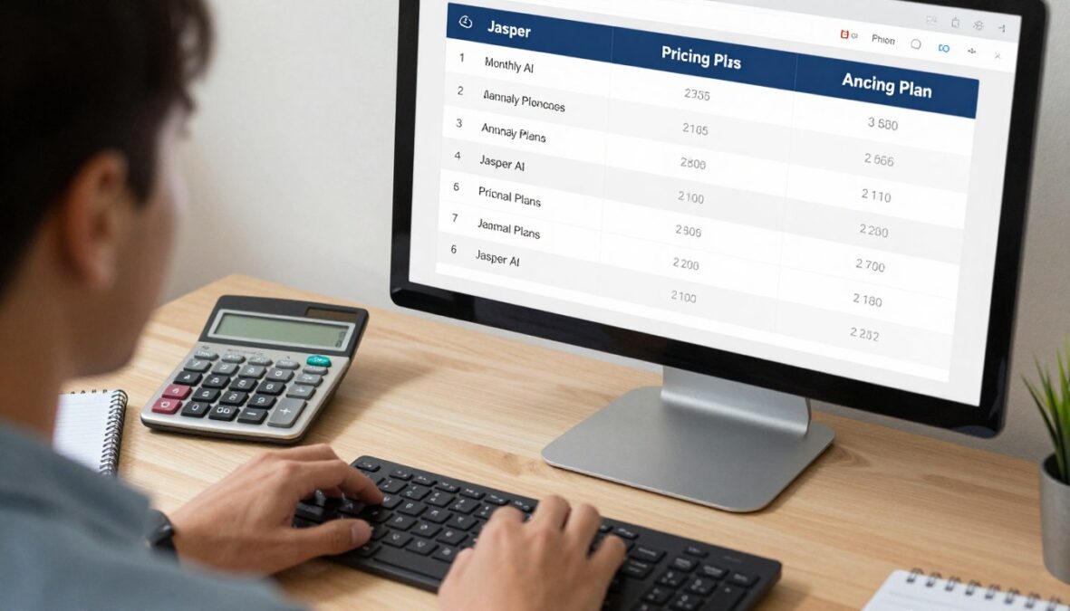 Person comparing different Jasper AI pricing plans and savings options