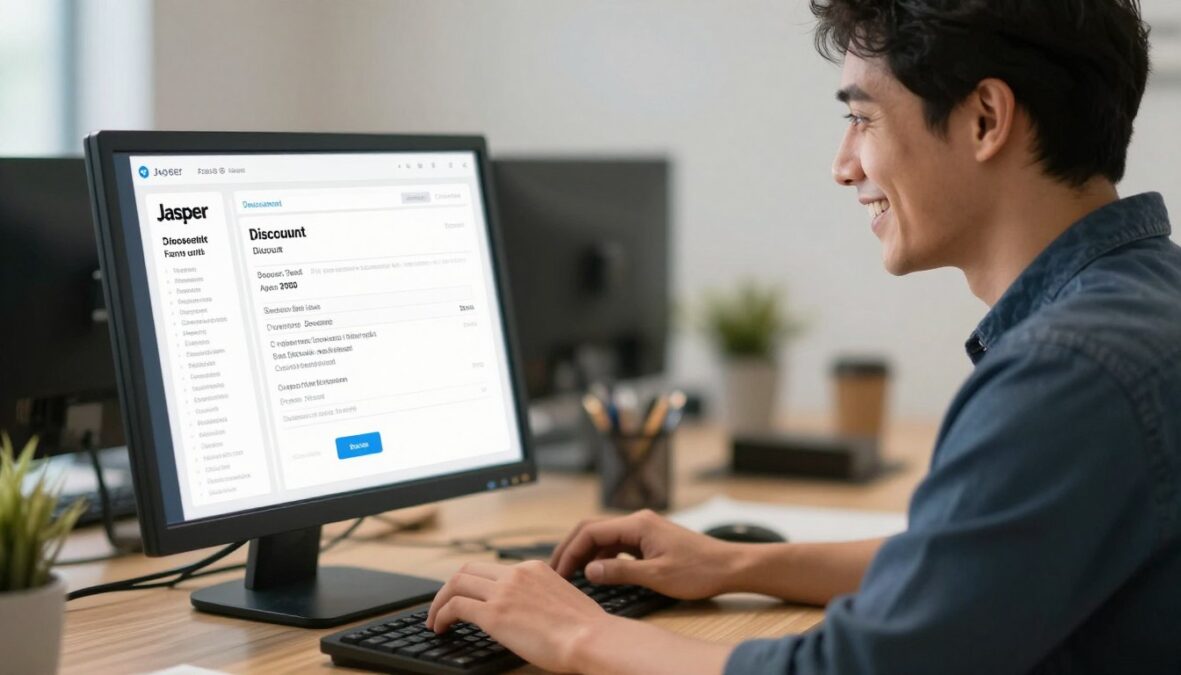 Person successfully using Jasper AI with discount applied