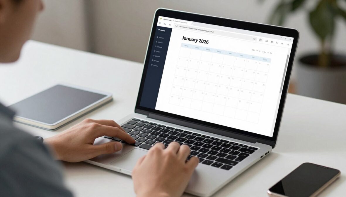 Person using Claude AI productively on laptop with calendar showing January 2026