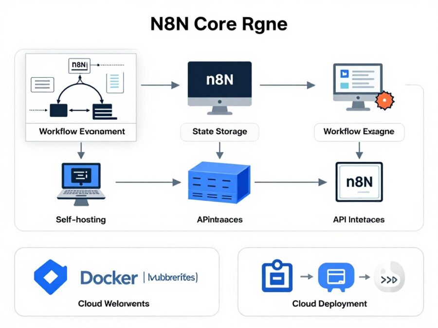 n8n technical architecture showing self-hosting options and integration points