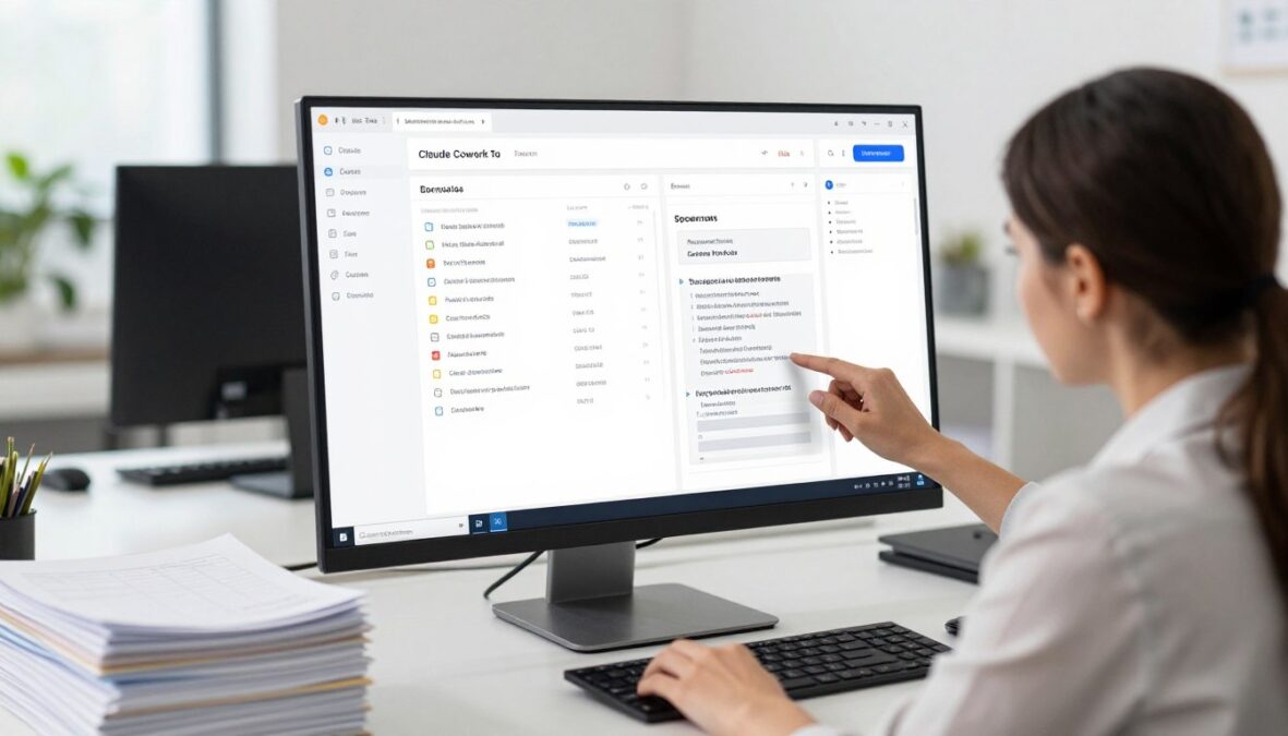 Administrative professional using Claude Cowork Tool to manage documents