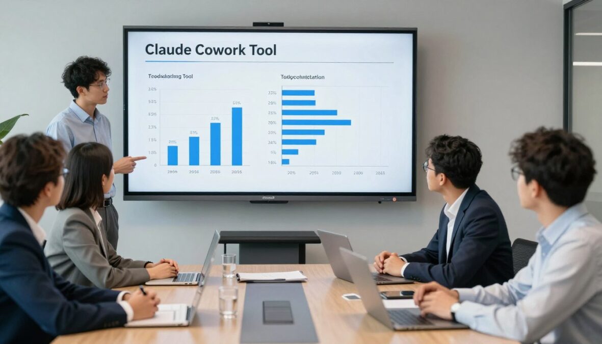 Business professionals discussing productivity gains from Claude Cowork Tool