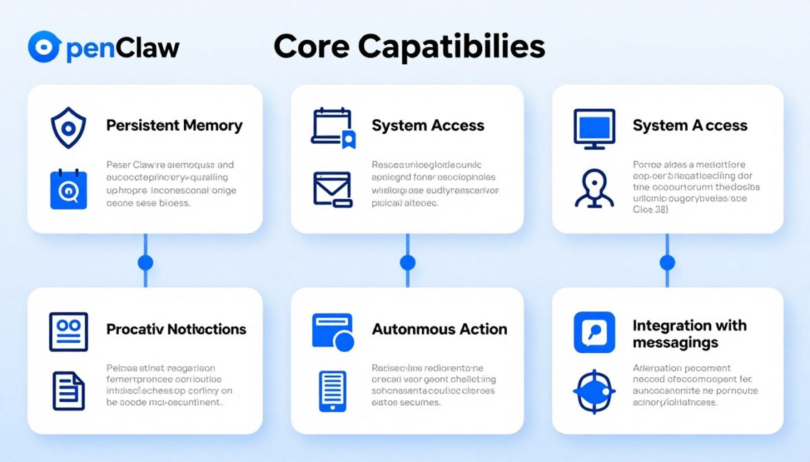 OpenClaw AI Agent capabilities diagram showing persistent memory and system access