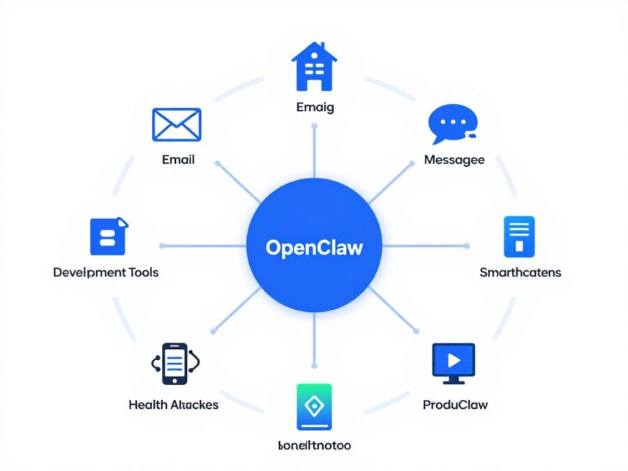 OpenClaw AI Agent ecosystem showing integration with various applications and services