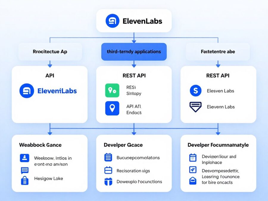 API integration diagram showing elevenlabs connection to various platforms