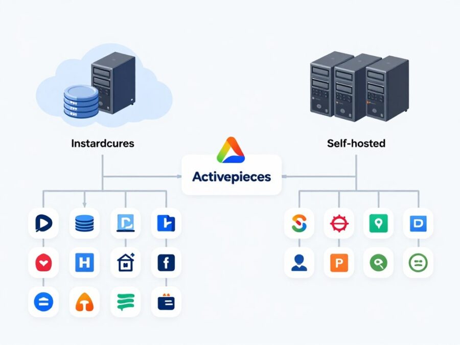 Activepieces architecture diagram showing cloud and self-hosted options