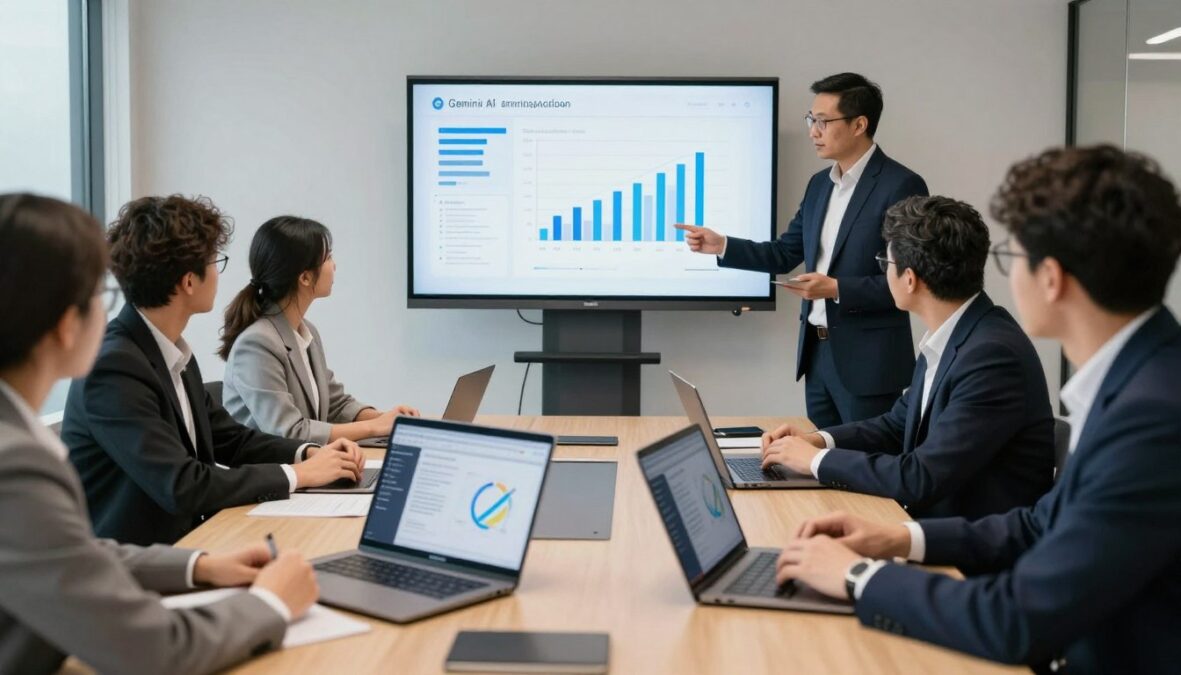 Business team meeting discussing Gemini AI implementation