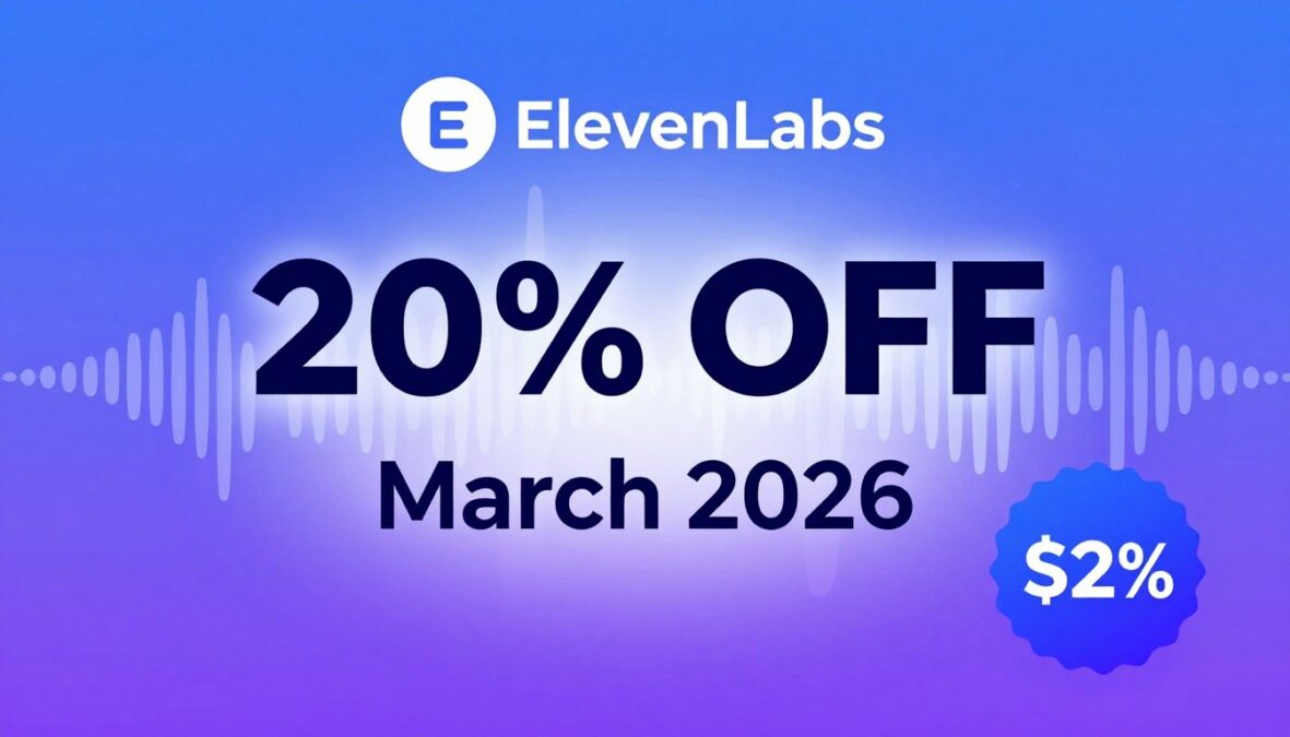ElevenLabs promo code discount banner showing savings opportunities for March 2026