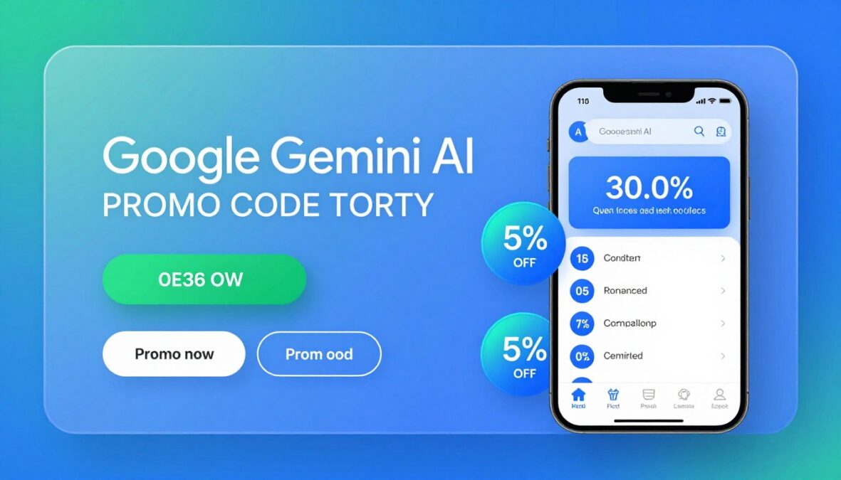 Google Gemini AI promo code promotional banner showing discount offers