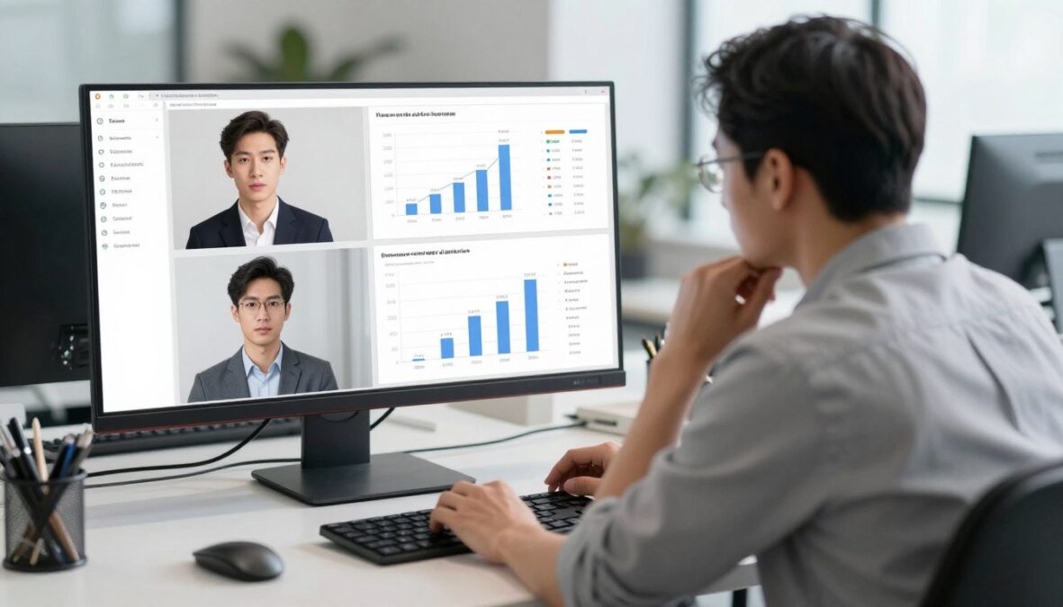 Professional comparing AI assistant features on laptop