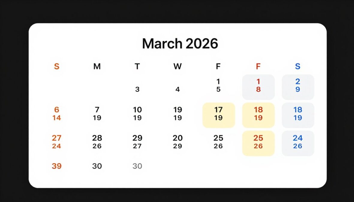 Promotional calendar showing March 2026 special offers