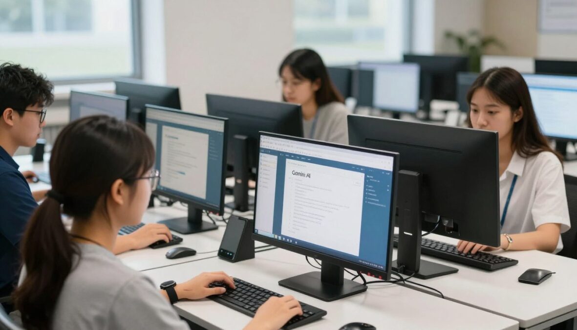 University campus computer lab with students using Gemini AI
