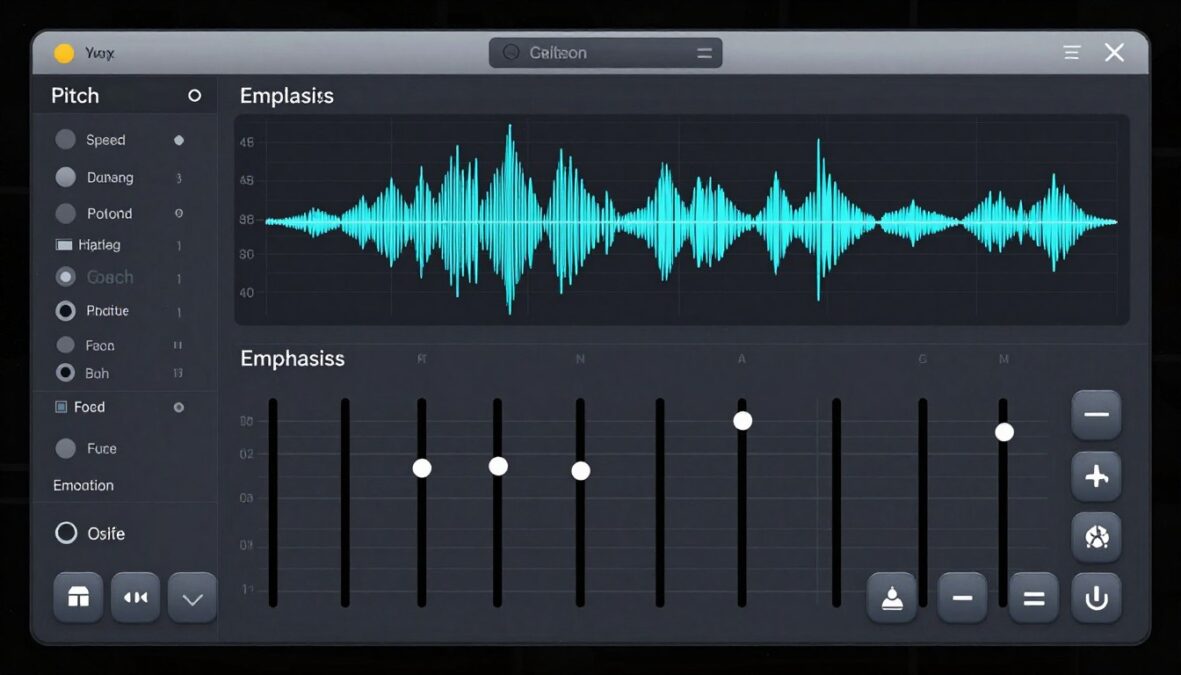 Voice customization interface showing pitch, speed, and emotion controls