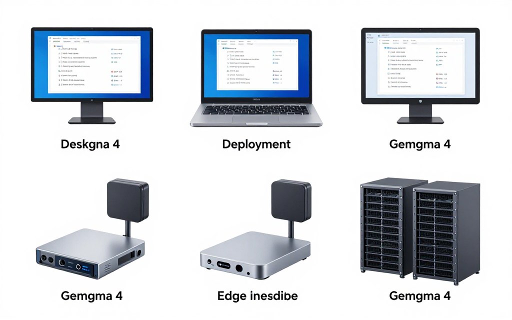 Local deployment setup showing Gemma 4 running on various hardware configurations