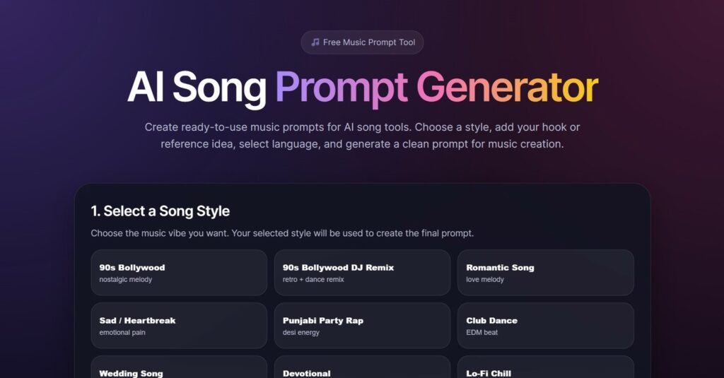 AI Song Prompt Generator interface showing music creation tools