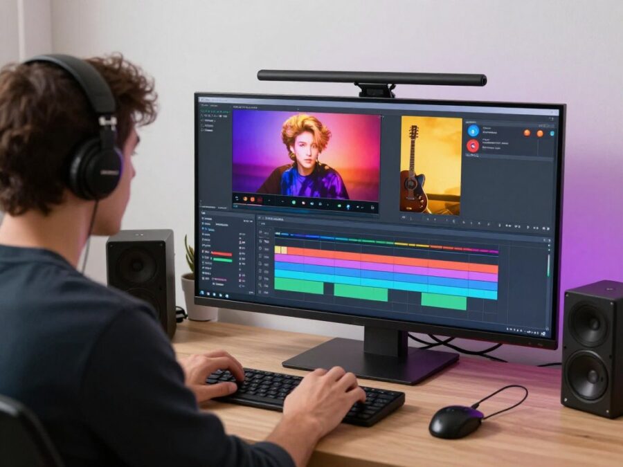 Video content creator with music production setup