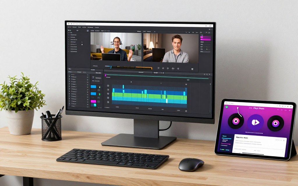 Content creator using Magic Music while editing video content