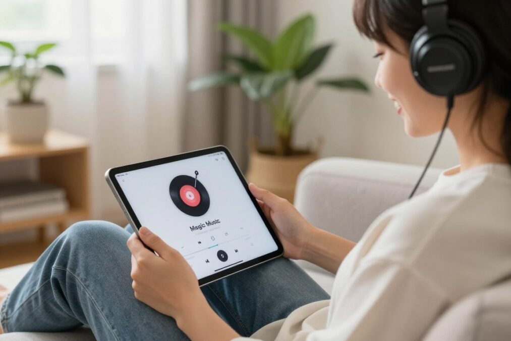 Hobbyist enjoying music creation process with Magic Music on tablet