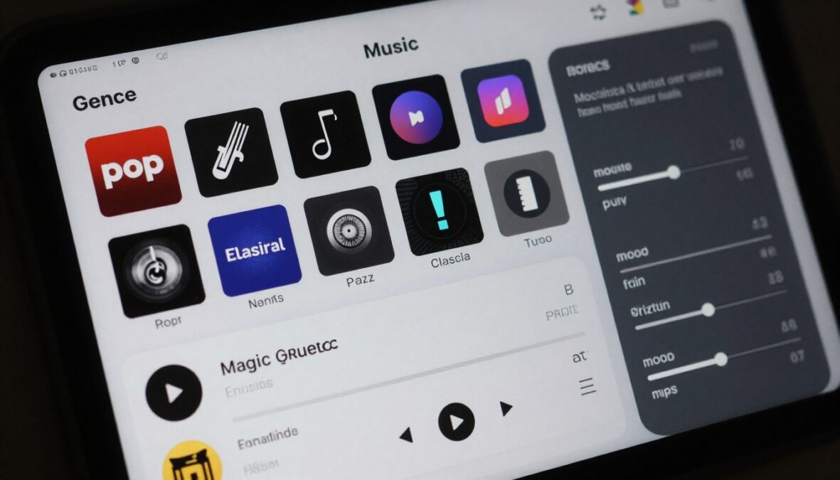 Magic Music AI Tool features dashboard showing genre options and customization controls