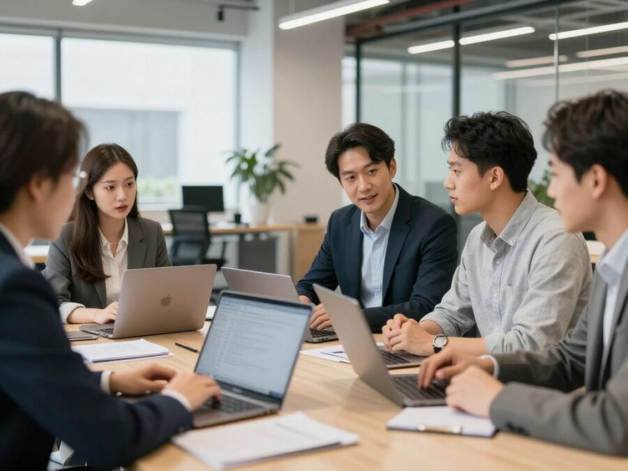 Marketing team collaborating on content strategy