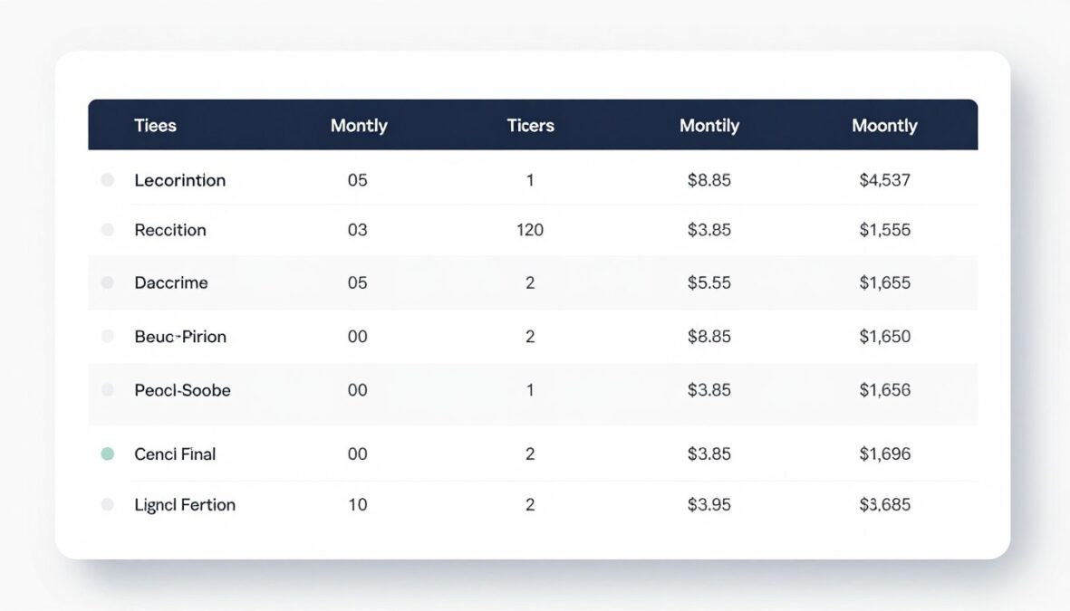 Pricing comparison chart for different subscription tiers