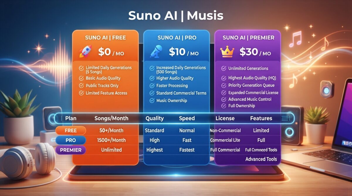 Music plan comparison for free, Pro, and Premier tiers